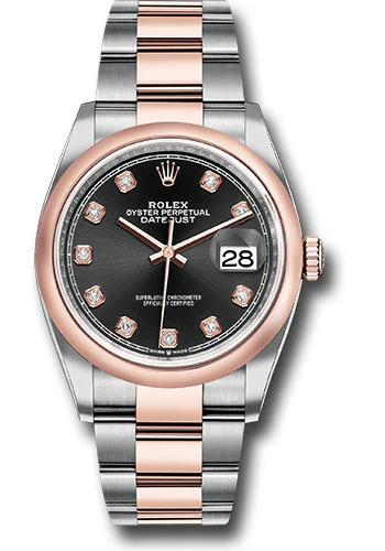 Rolex Steel and Everose Rolesor Datejust 36 Watch - Domed Bezel - Black Diamond Dial - Oyster Bracelet - 126201 bkdo