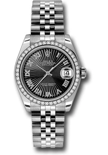 Rolex Steel and White Gold Datejust 31 Watch - 46 Diamond Bezel - Black Sunbeam Roman Dial - Jubilee Bracelet - 178384 bksbrj