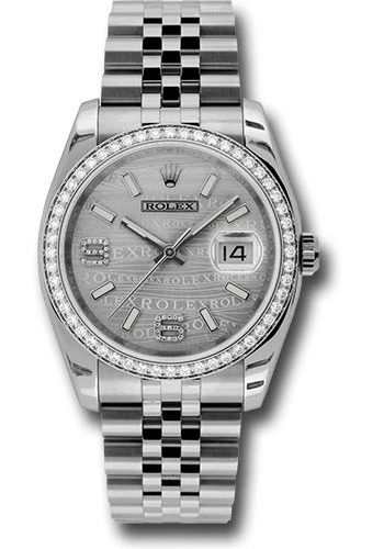 Rolex Steel and White Gold Datejust 36 Watch - 52 Diamond Bezel - Silver Wave Diamond 6 And 9 Arabic Dial - Jubilee Bracelet - 116244 swdaj