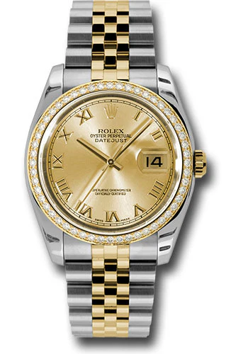 Rolex Steel and Yellow Gold Rolesor Datejust 36 Watch - 52 Brilliant-Cut Diamond Bezel - Champagne Roman Dial - Jubilee Bracelet - 116243 chrj