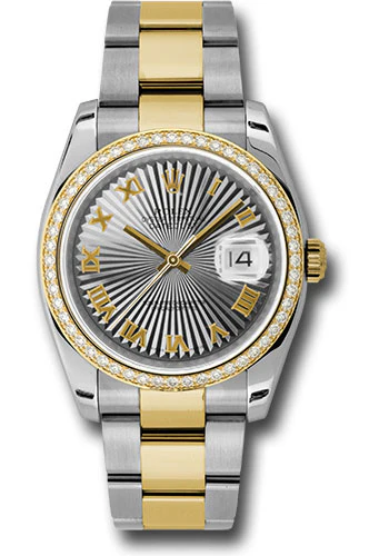 Rolex Steel and Yellow Gold Rolesor Datejust 36 Watch - 52 Diamond Bezel - Grey Sunbeam Roman Dial - Oyster Bracelet - 116243 gsbro