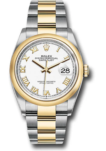 Rolex Steel and Yellow Gold Rolesor Datejust 36 Watch - Domed Bezel - White Roman Dial - Oyster Bracelet - 126203 wro