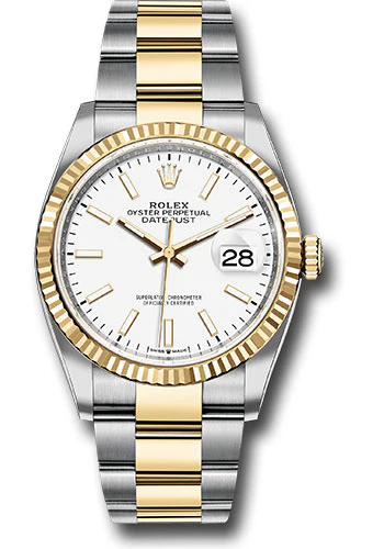 Rolex Steel and Yellow Gold Rolesor Datejust 36 Watch - Fluted Bezel - White Index Dial - Oyster Bracelet - 126233 wio