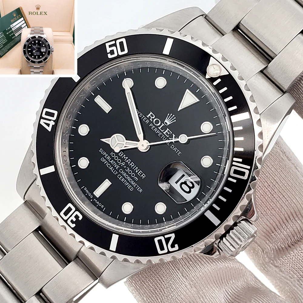 Rolex Submariner Date 16610 40mm Engraved Rehaut Steel Watch Box Papers