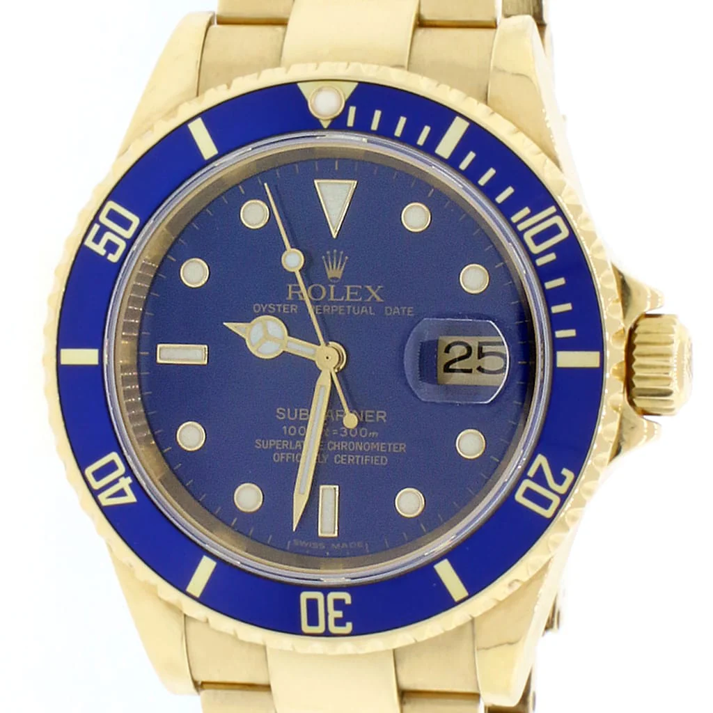 Rolex Submariner Date 18K Yellow Gold Factory Blue Dial/Bezel 40MM Automatic Oyster Mens Watch 16618 - Image 8