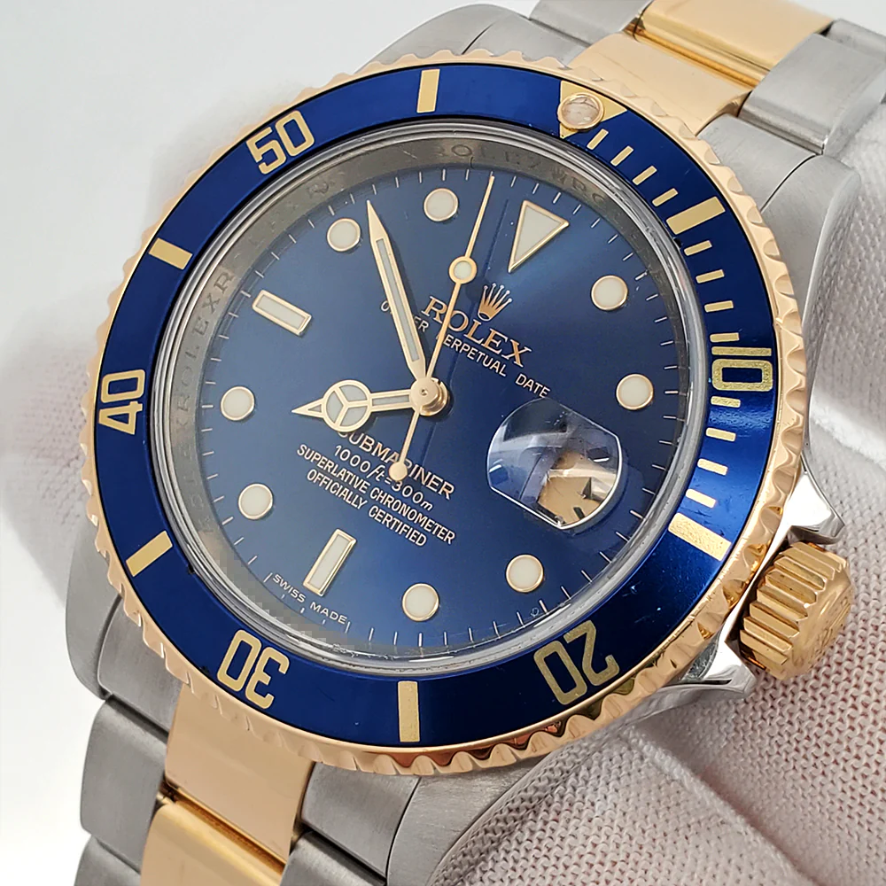 Rolex Submariner Date Engraved Rehaut 40mm Blue 2-tone Yellow Gold/Steel Watch 16613 Box Papers - Image 2