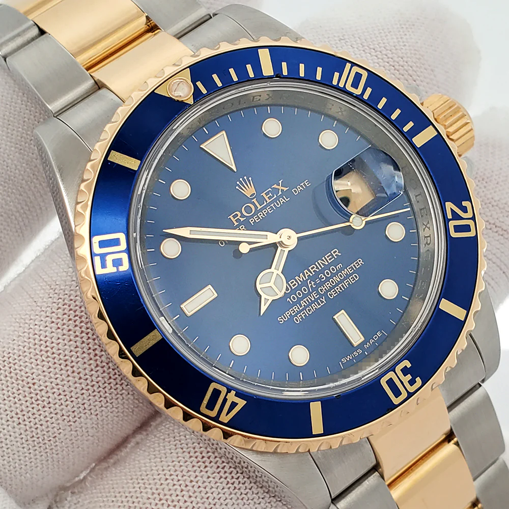 Rolex Submariner Date Engraved Rehaut 40mm Blue 2-tone Yellow Gold/Steel Watch 16613 Box Papers - Image 3