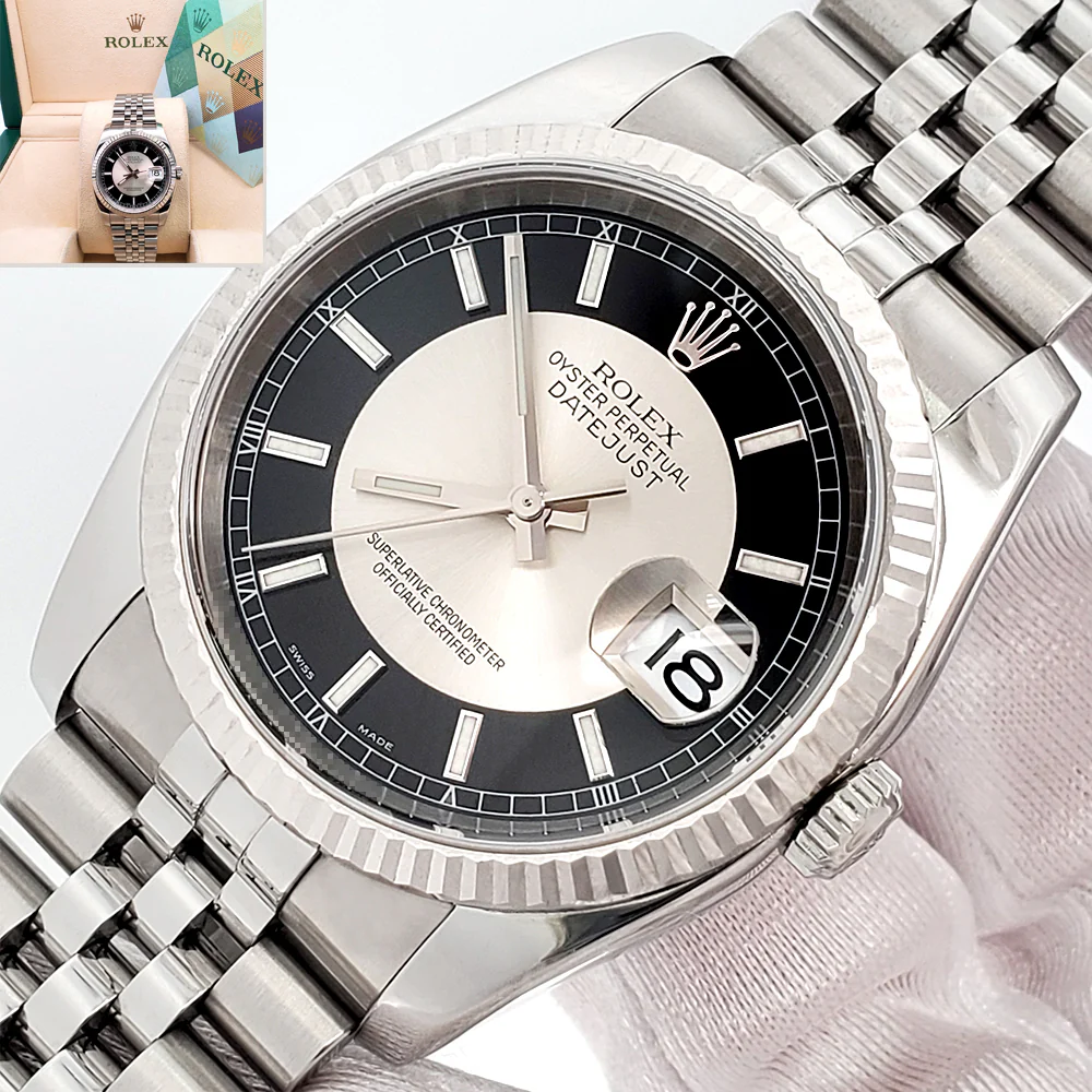 Rolex Tuxedo Dial Datejust White Gold Bezel 36mm Steel Watch 116234 Box Papers