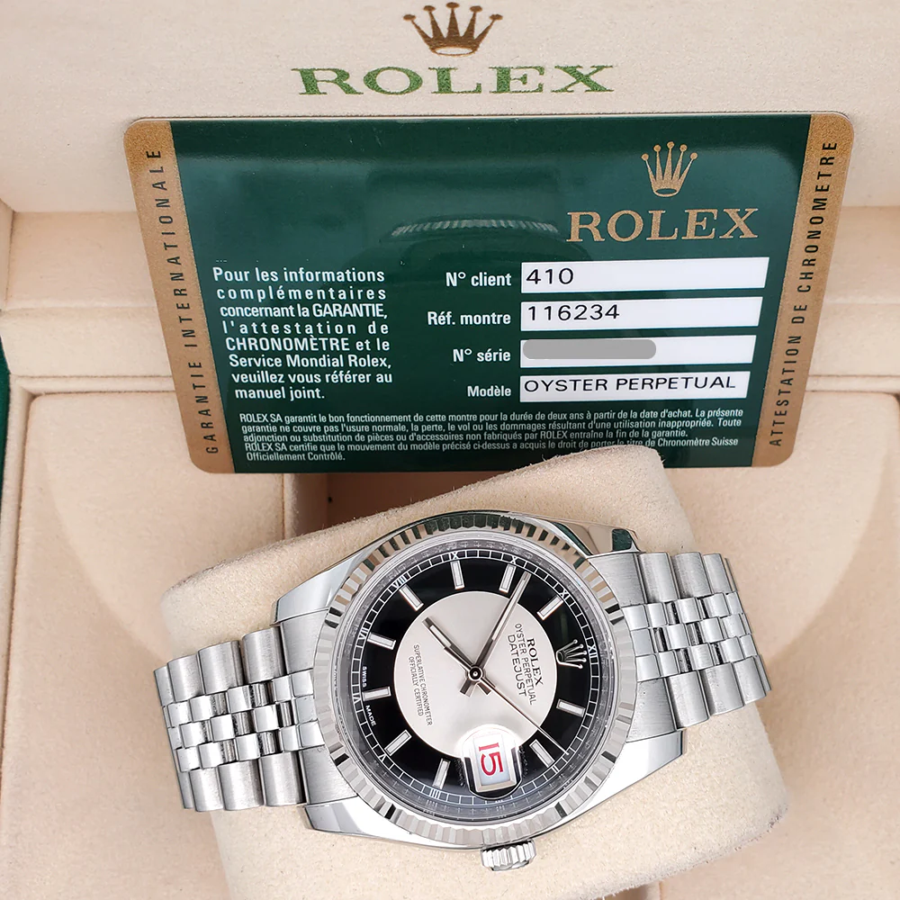 Rolex Tuxedo Dial Datejust White Gold Bezel 36mm Steel Watch 116234 Box Papers - Image 2