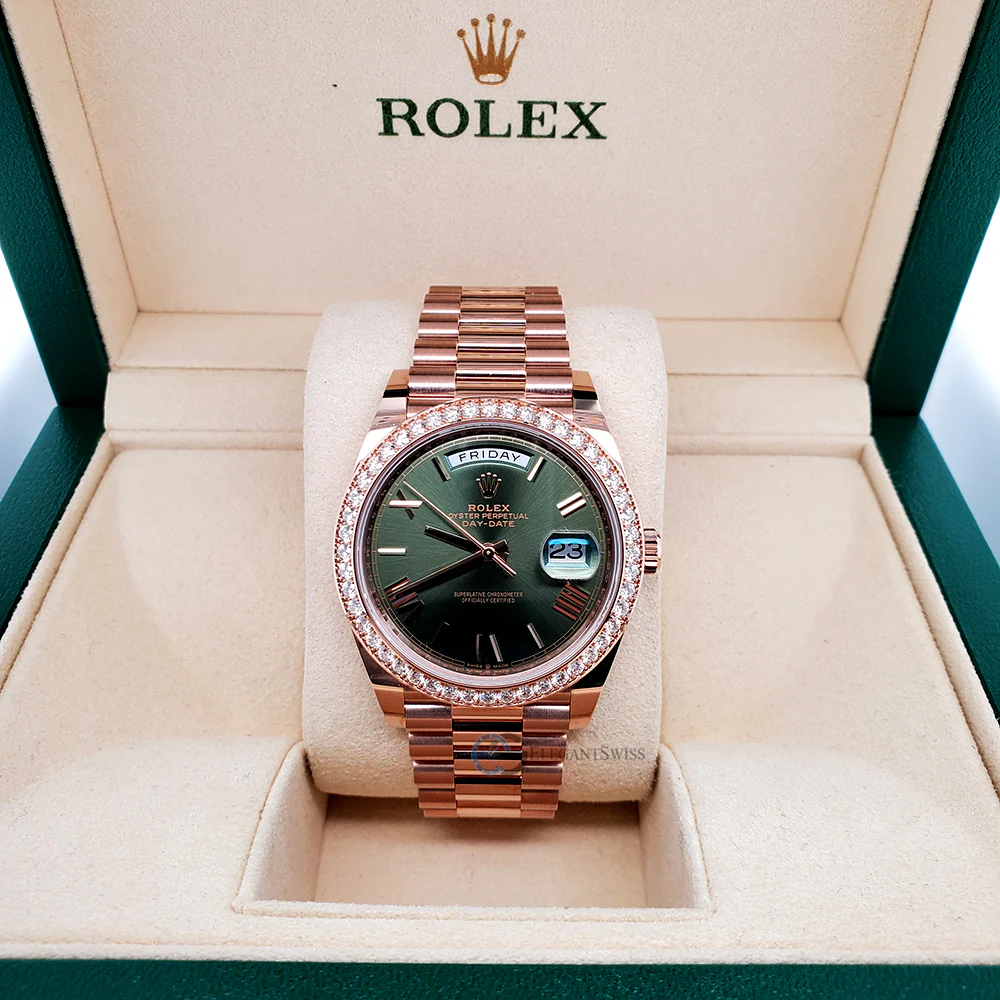 Rolex Unworn Rose Gold President Day-Date 40mm Factory Diamond Bezel/Olive Green Bevelled Roman Dial 228345RBR OGRP Watch 2021 Box Papers - Image 2