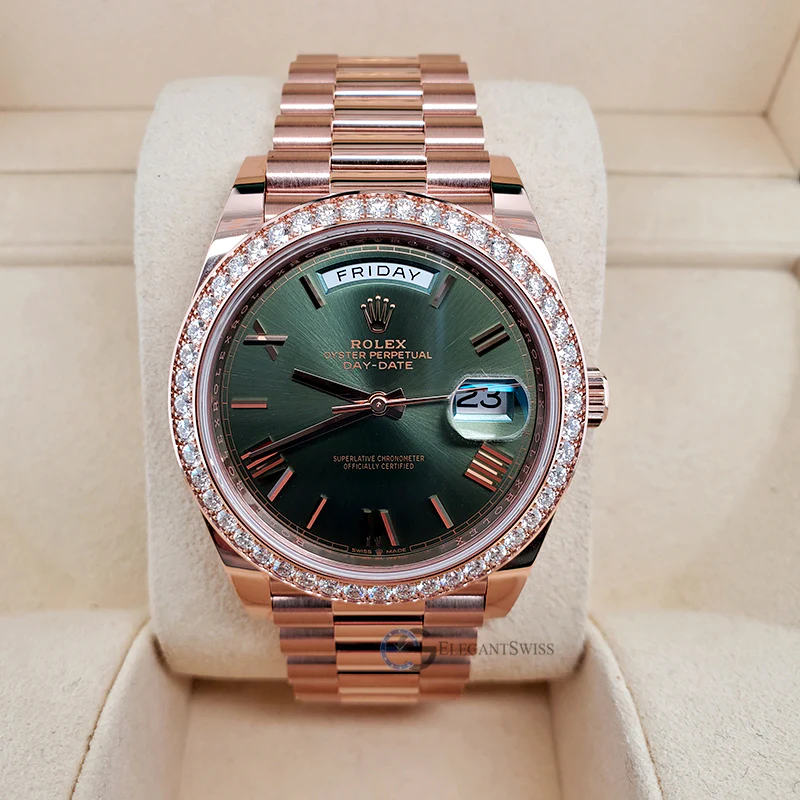 Rolex Unworn Rose Gold President Day-Date 40mm Factory Diamond Bezel/Olive Green Bevelled Roman Dial 228345RBR OGRP Watch 2021 Box Papers - Image 3