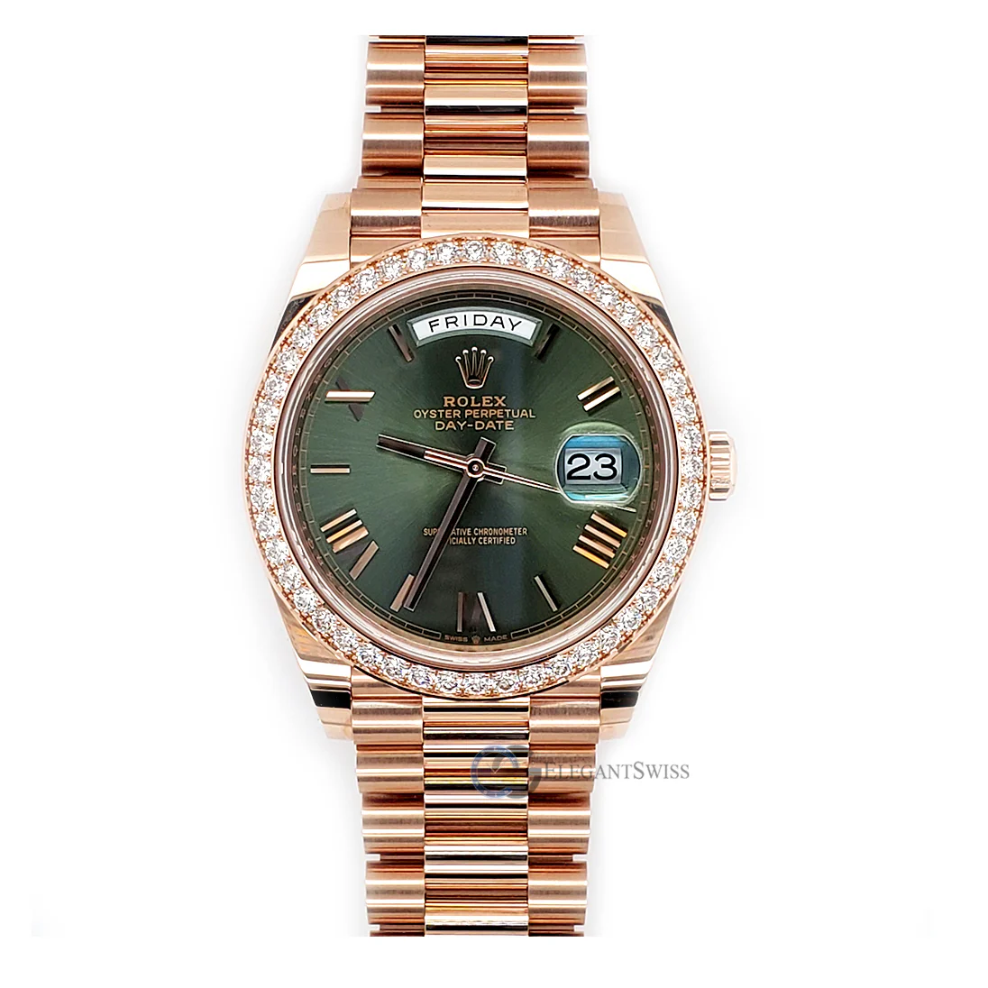 Rolex Unworn Rose Gold President Day-Date 40mm Factory Diamond Bezel/Olive Green Bevelled Roman Dial 228345RBR OGRP Watch 2021 Box Papers - Image 7