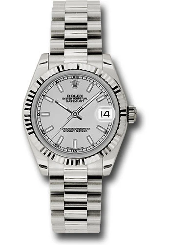 Rolex White Gold Datejust 31 Watch - Fluted Bezel - Silver Index Dial - President Bracelet - 178279 sip