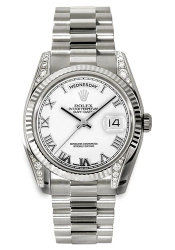 Rolex White Gold Day-Date 36 Watch - Fluted Bezel - White Roman Dial - President Bracelet - 118339 wrp