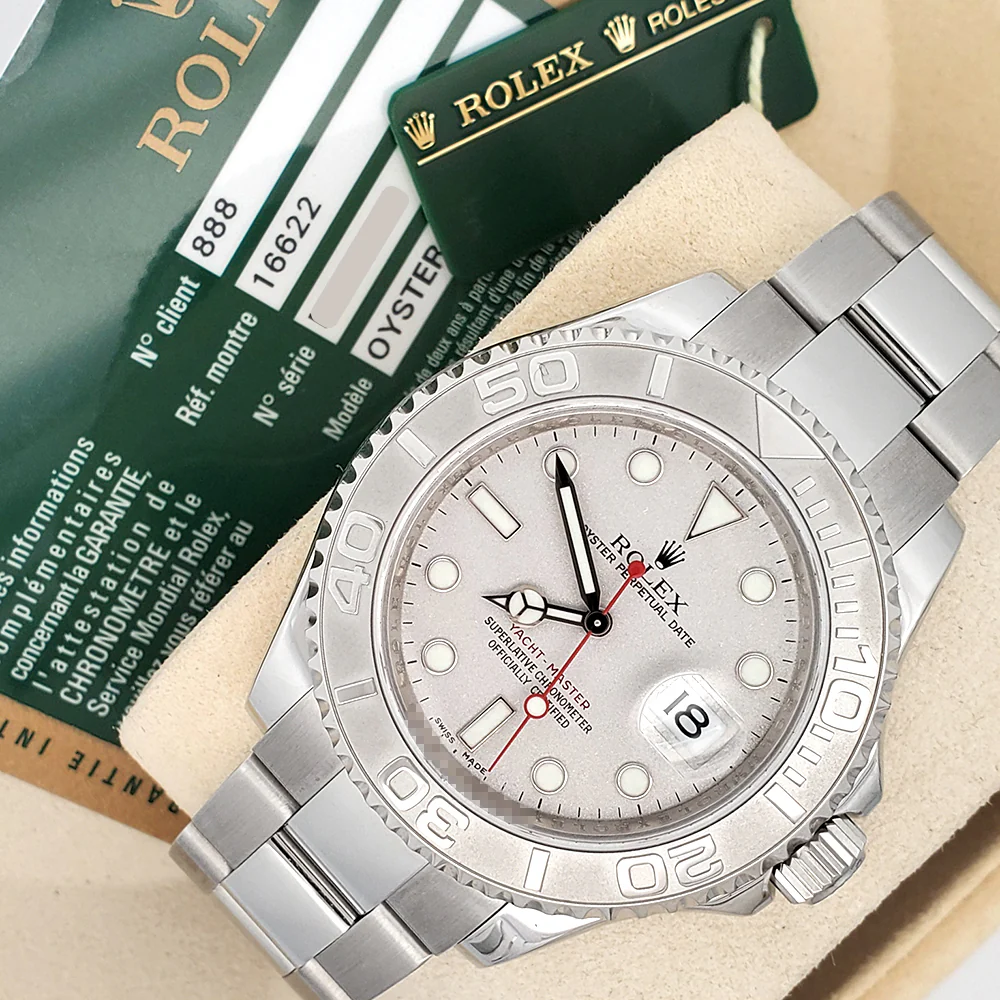 Rolex Yacht-Master 40mm Platinum Bezel Steel Watch 16622 Box Papers