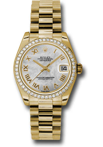 Rolex Yellow Gold Datejust 31 Watch - 48 Diamond Bezel - Mother-Of-Pearl Roman Dial - President Bracelet - 178288 mrp