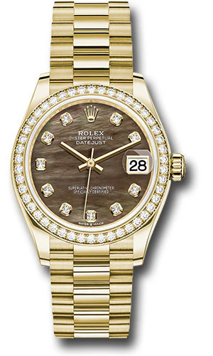 Rolex Yellow Gold Datejust 31 Watch - Diamond Bezel - Dark Mother-of-Pearl Diamond Dial - President Bracelet - 278288RBR dkmdp