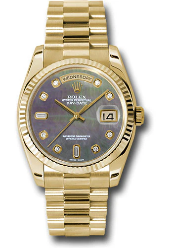 Rolex Yellow Gold Day-Date 36 Watch - Fluted Bezel - Dark Mother-Of-Pearl Diamond Dial - President Bracelet - 118238 dkmdp