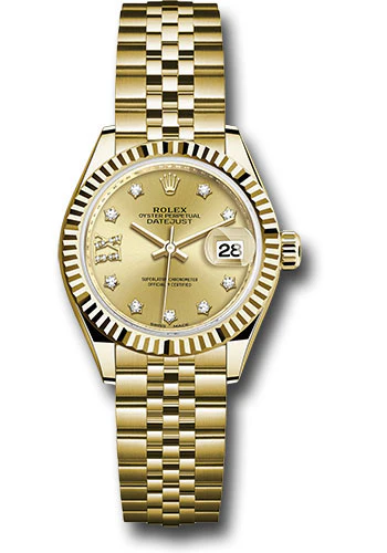 Rolex Yellow Gold Lady-Datejust 28 Watch - Fluted Bezel - Champagne Diamond Star Dial - Jubilee Bracelet - 279178 ch9dix8dj