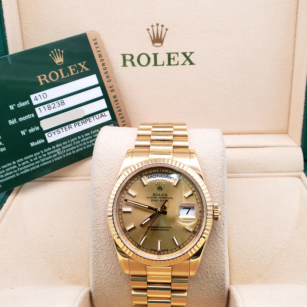 Rolex Yellow Gold President Day-Date 36 Champagne Index Dial Watch 118238 Box Papers - Image 3