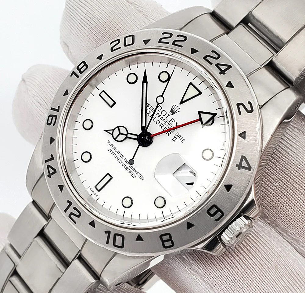 Stickered Rolex Explorer II 40mm Polar White Steel Oyster Watch 16570 Box Papers - Image 3