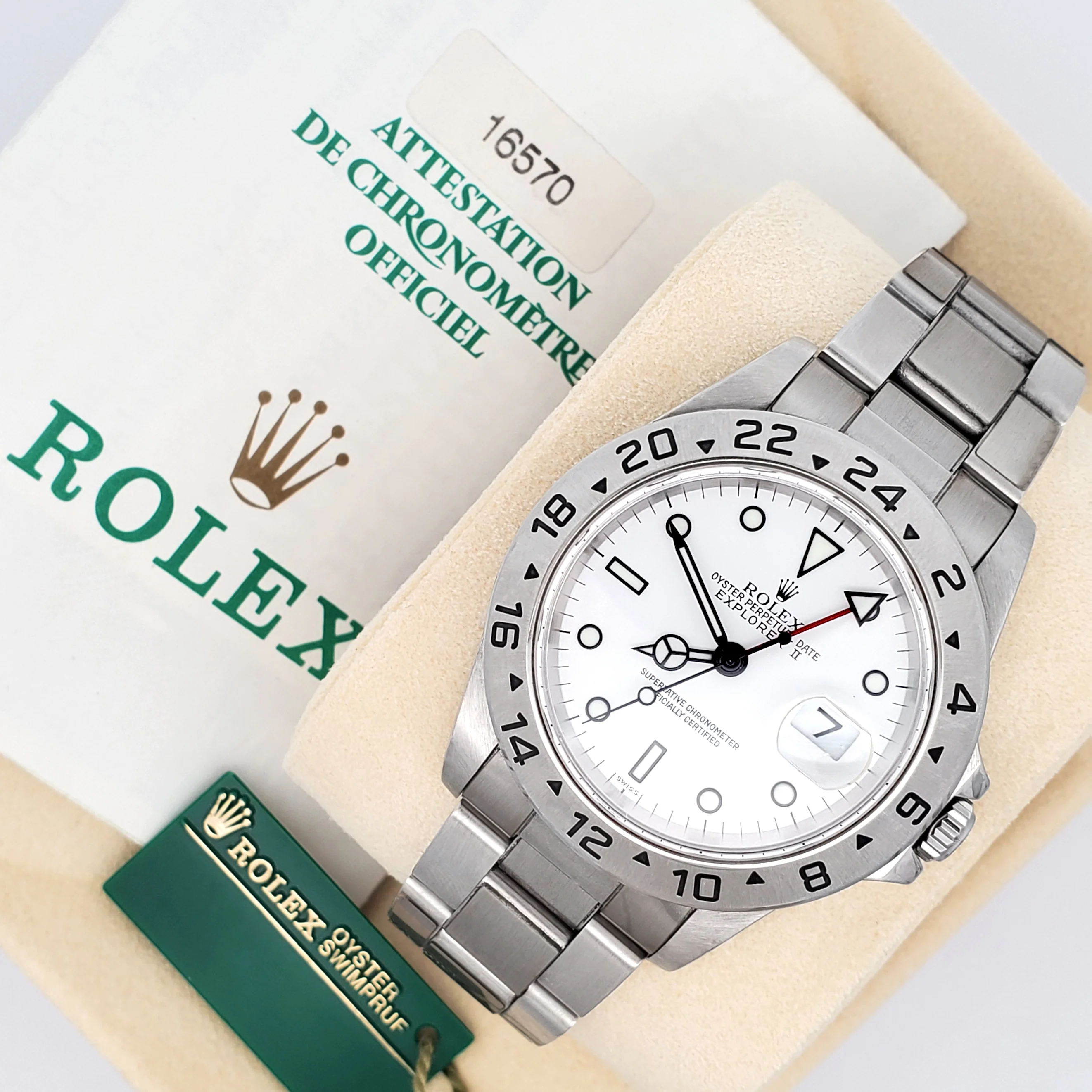 Stickered Rolex Explorer II 40mm Polar White Steel Oyster Watch 16570 Box Papers - Image 4