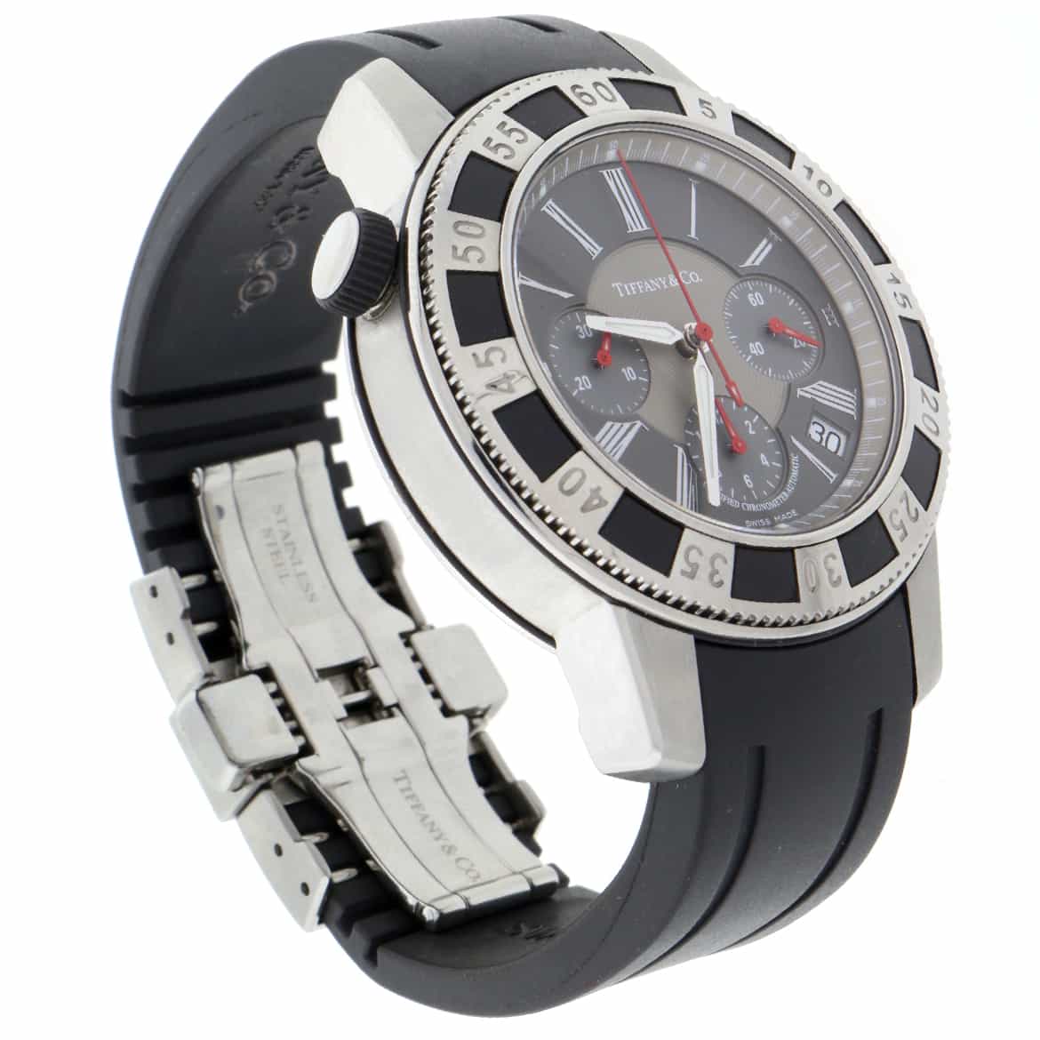 Tiffany Swiss Chronograph 41MM Black Dial Automatic Stainless Steel Mens Watch T-57 - Image 4