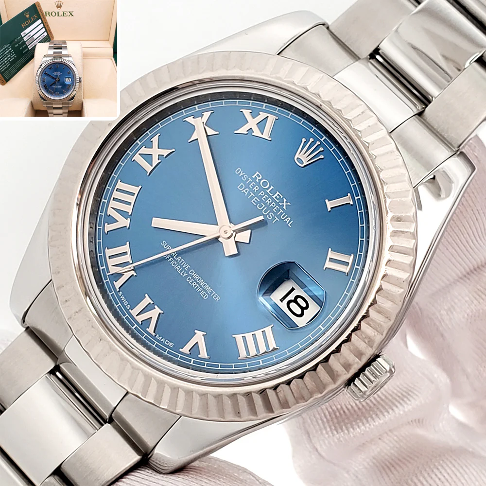 Undated Rolex Datejust II 116334 Blue Roman Dial White Gold Fluted Bezel Steel 41mm Watch Box Papers