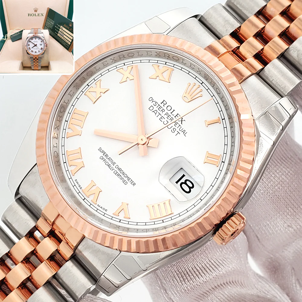 Unworn 2015 Rolex Datejust White Roman Dial Rose Gold/Steel Jubilee 36mm Watch 116231 Box/Papers/Tag