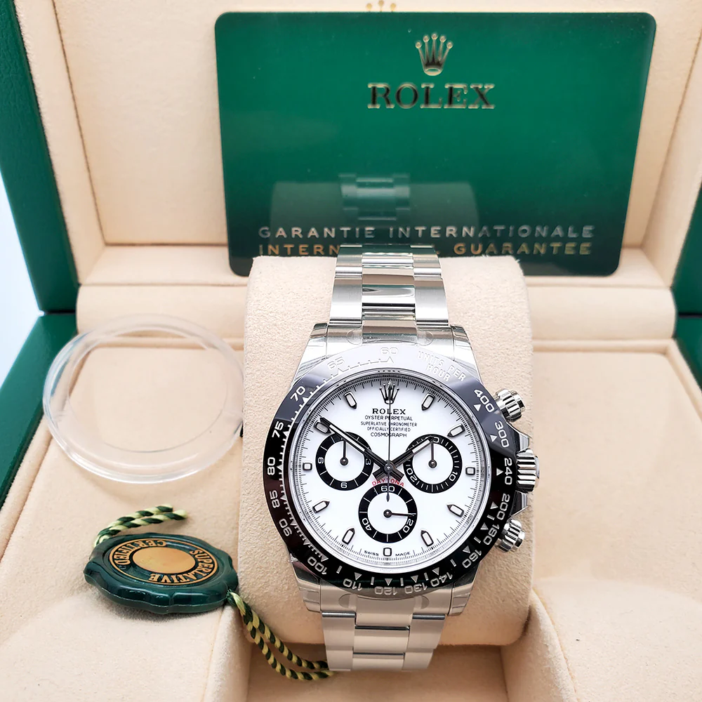 Unworn Rolex Cosmograph Daytona 40mm White Panda Index Dial Steel Watch 116500LN Box Papers