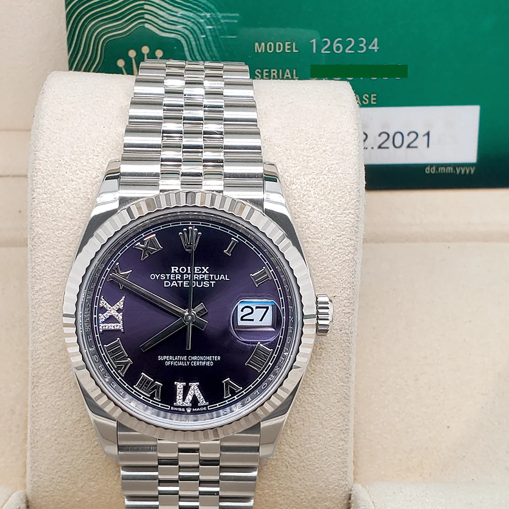 Unworn Rolex Datejust 36mm 126234 Aubergine Purple Diamond Roman VI and IX Dial Jubilee Watch 2021 Box Papers - Image 2