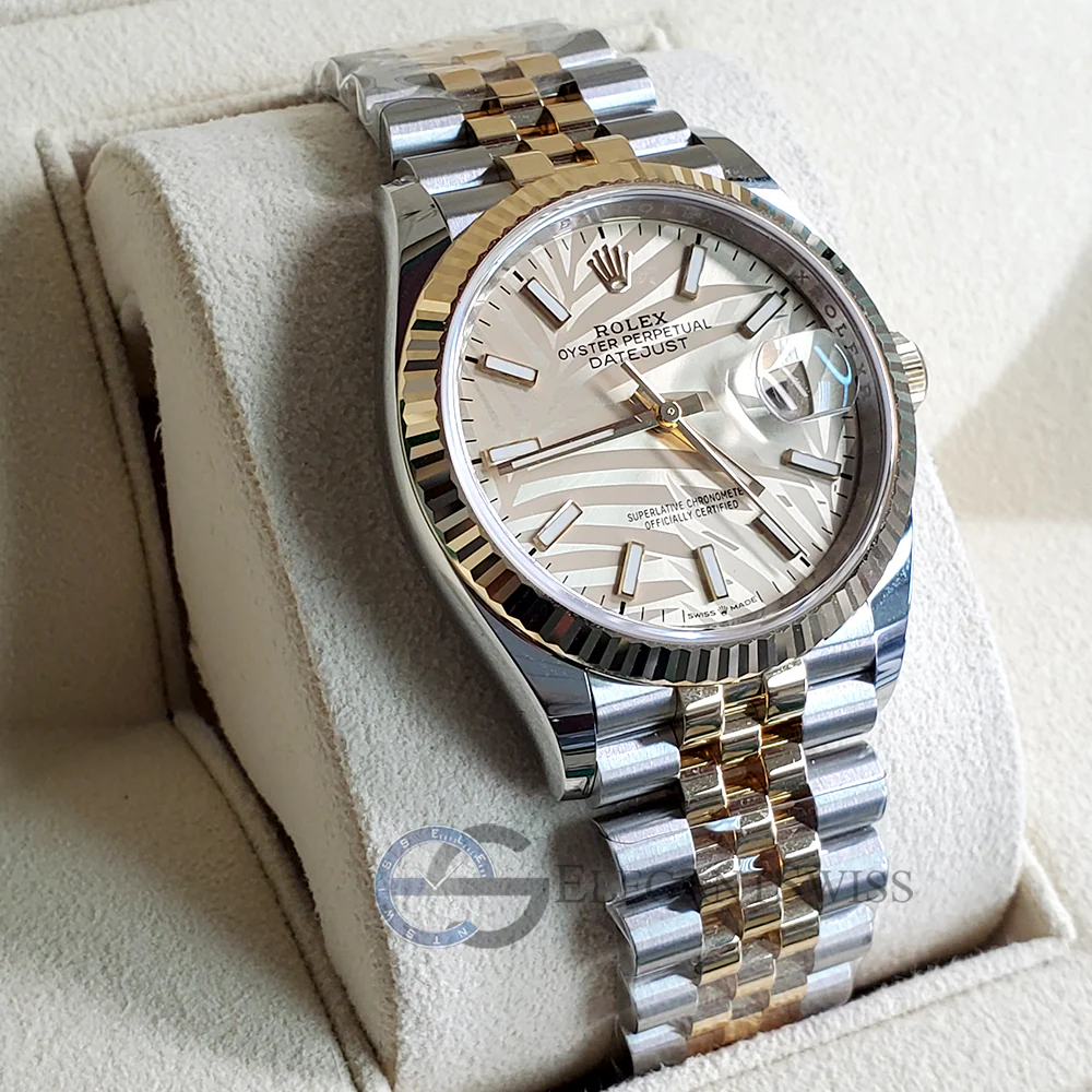 Unworn Rolex Datejust 36mm Golden Palm Motif Dial Fluted Bezel Yellow Gold/Steel Jubilee Watch 126233 Box Papers - Image 2