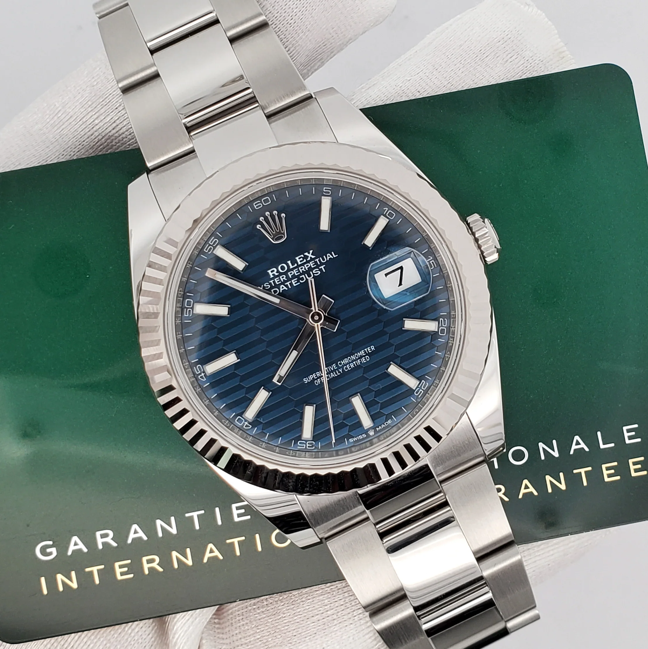 Unworn Rolex Datejust 41 126334 Blue Motif White Gold Fluted Steel Watch 2023 Box Papers
