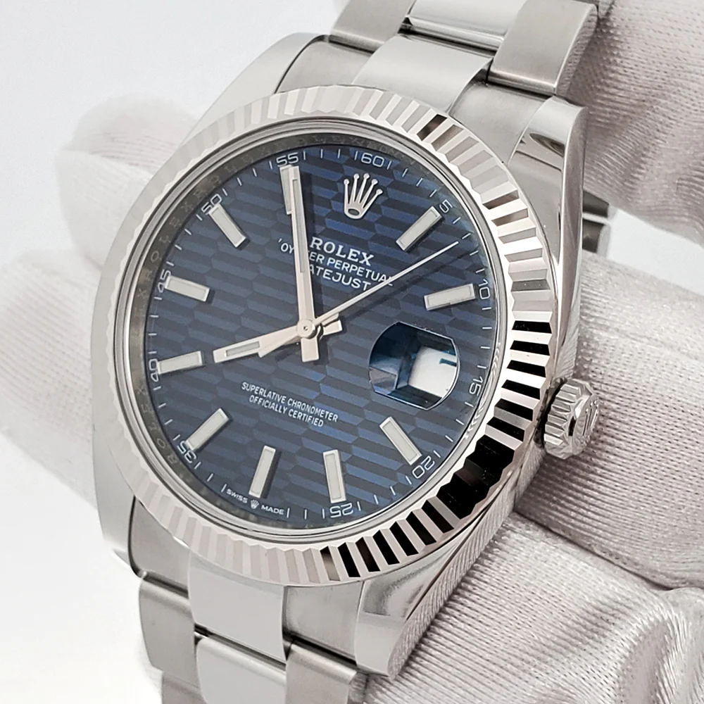 Unworn Rolex Datejust 41 126334 Blue Motif White Gold Fluted Steel Watch 2023 Box Papers - Image 2