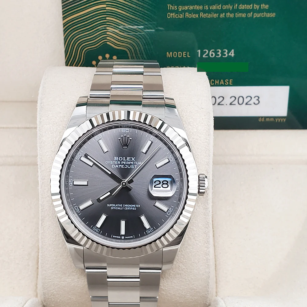 Unworn Rolex Datejust 41 126334 Gray Stick Dial White Gold Fluted Bezel Watch 2023 Box Papers - Image 2