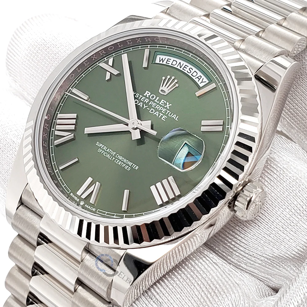 Unworn Rolex Day-Date 40 President 228239 Olive Green Roman Dial White Gold Watch 2023 Box Papers