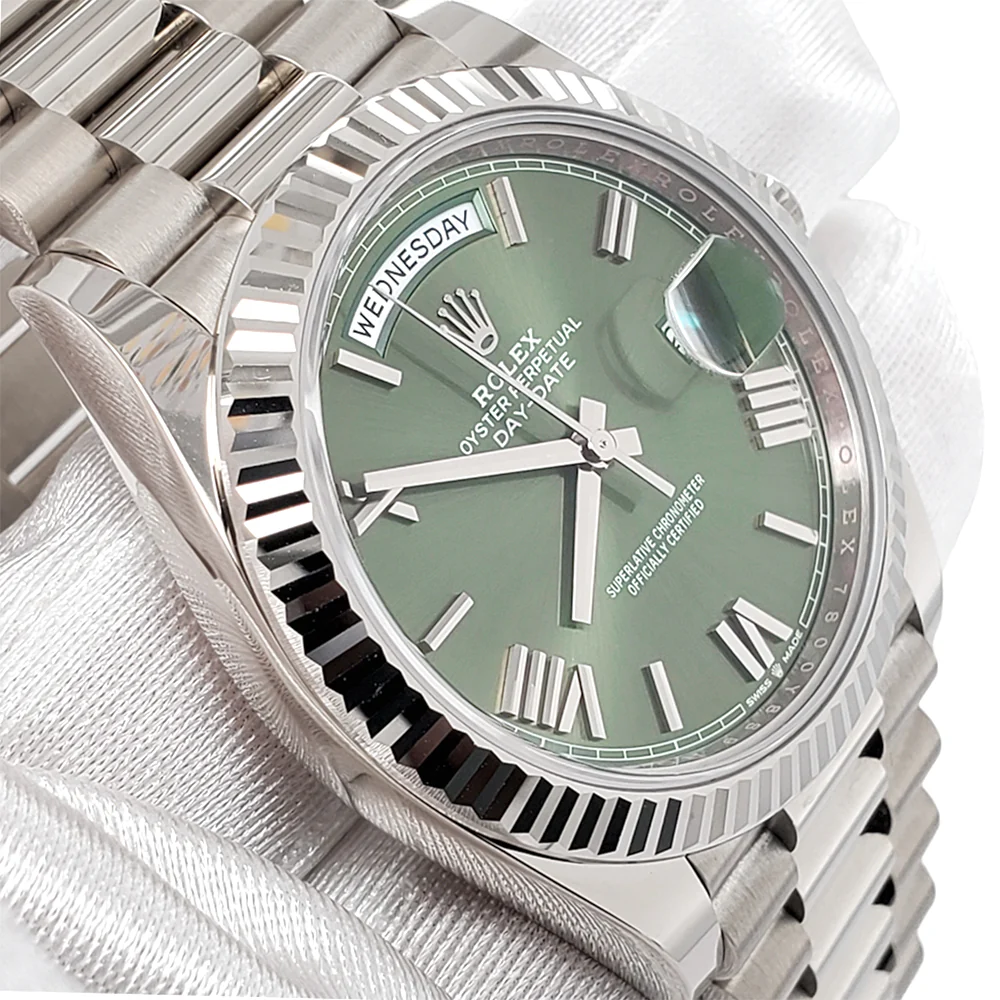 Unworn Rolex Day-Date 40 President 228239 Olive Green Roman Dial White Gold Watch 2023 Box Papers - Image 2