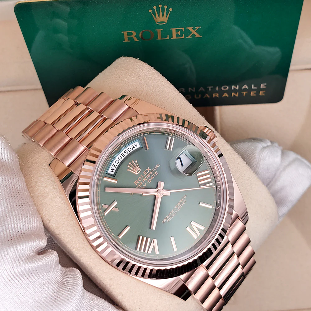 Unworn Rolex Day-Date 40mm 228235 Rose Gold Fluted Bezel Olive Green Bevelled Roman Dial Watch 2023 Box Papers - Image 3