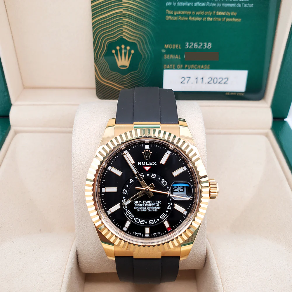 Unworn Rolex Sky-Dweller 42mm 326238 Black Dial Oysterflex Strap Yellow Gold Watch 2022 Box Papers - Image 3