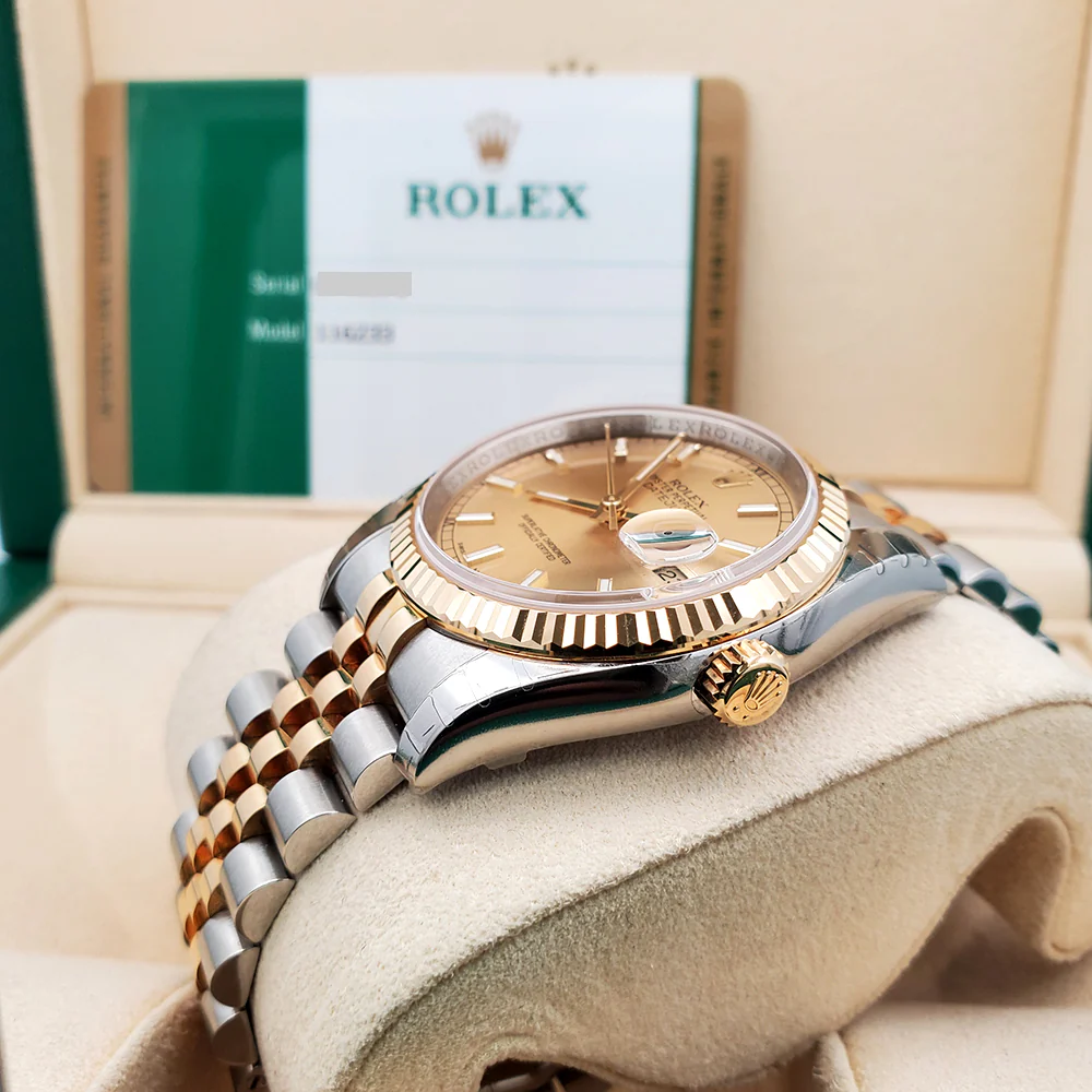 Unworn Stickered Rolex Datejust 36mm Champagne Index Yellow Gold/Steel Jubilee Watch 116233 Box Papers - Image 3