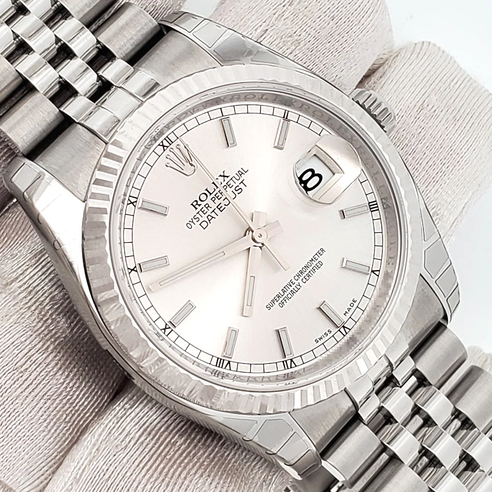 Unworn Stickered Rolex Datejust 36mm Silver Index White Gold Fluted Bezel Steel Jubilee Watch 116234 Box Papers - Image 2