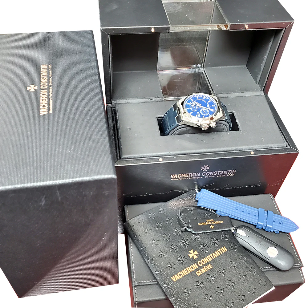 Vacheron Constantin Overseas Dual Time 42mm Blue Dial Titanium Bezel Chronograph Steel Watch 47450 Full Set - Image 2