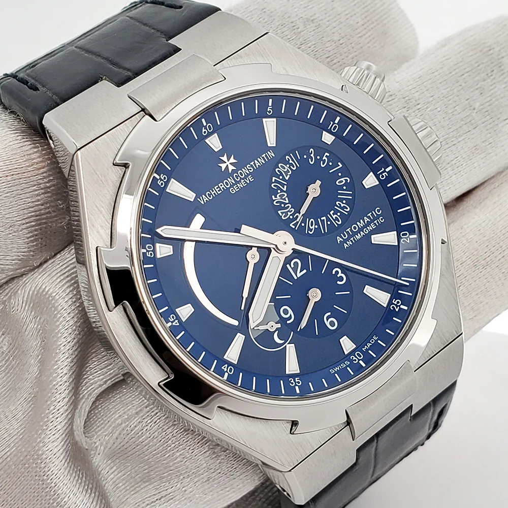 Vacheron Constantin Overseas Dual Time 42mm Blue Dial Titanium Bezel Chronograph Steel Watch 47450 Full Set - Image 3
