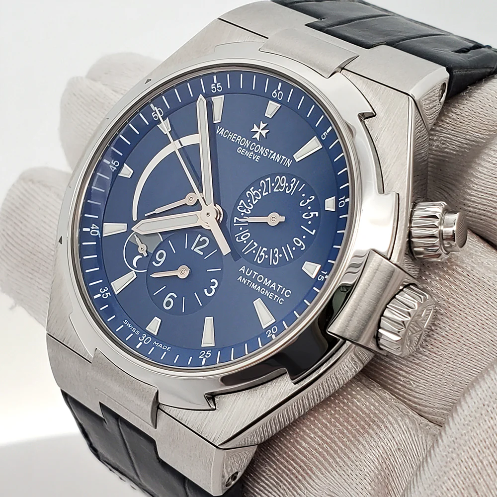 Vacheron Constantin Overseas Dual Time 42mm Blue Dial Titanium Bezel Chronograph Steel Watch 47450 Full Set - Image 4