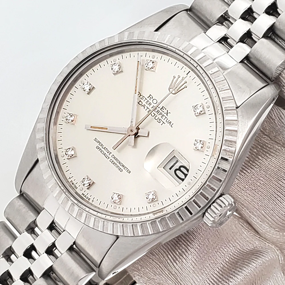 Vintage Rolex Datejust Factory Silver Diamond Dial 36mm Steel Jubilee Watch 16030